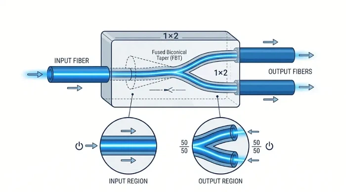 How a fiber optic coupler splits optical power into multiple output fibers How a fiber optic coupler splits optical power into multiple output fibers